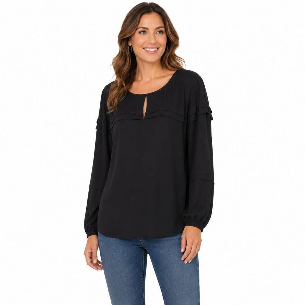 Banana Republic Women’s Black Long Sleeve Blouse Medium Ruffle Detail Keyhole